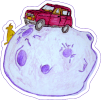 a planet in the style of the little prince with a renault 4 and a dog on it